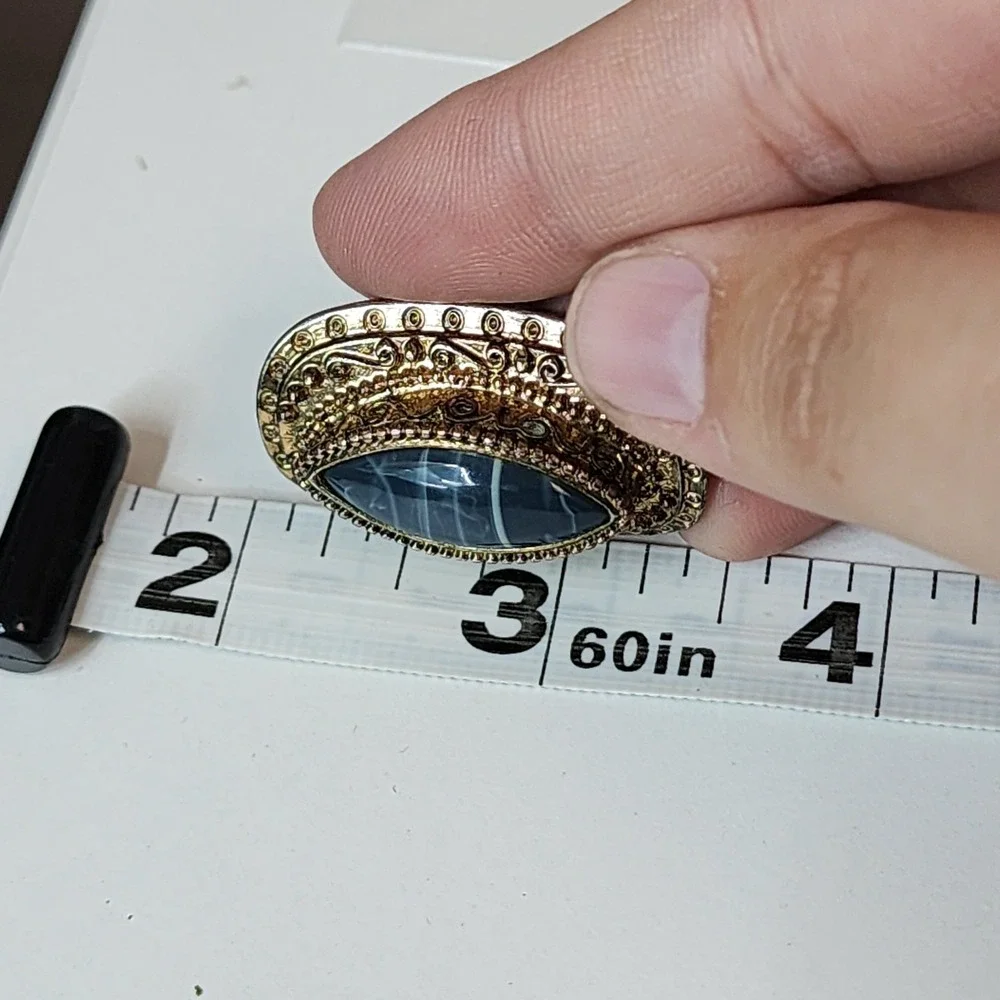 Vintage Large Blue Banded Agate Cabochon Statement Ring Ornate Gold Tone Boho